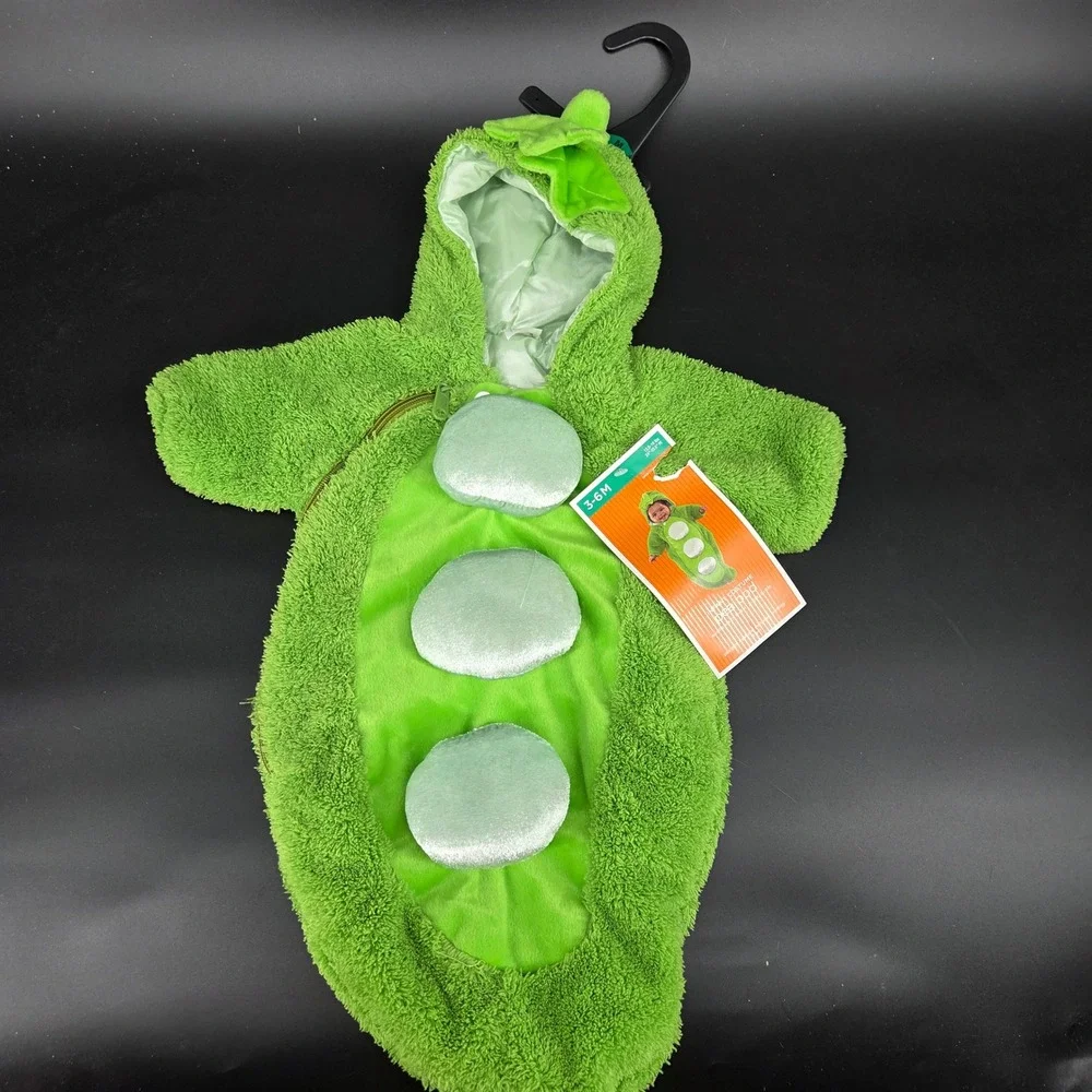 Infant Pea Pod Costume Green Bunting 3-6M Halloween Baby Dress Up Hooded Plush